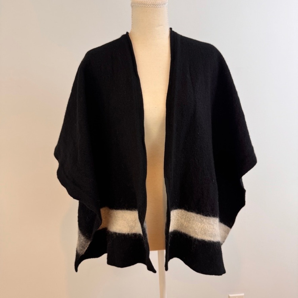 AllSaints Merino Wool Poncho Wrap Womens One Size Black White Stripe Minimalist